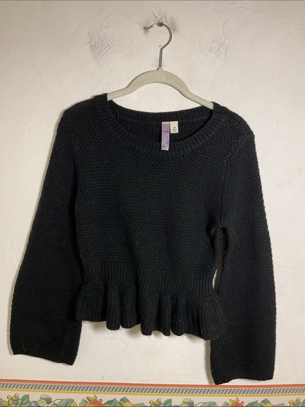 Alya Black Crochet Knit Peplum Bell Sleeves Sweater Size M